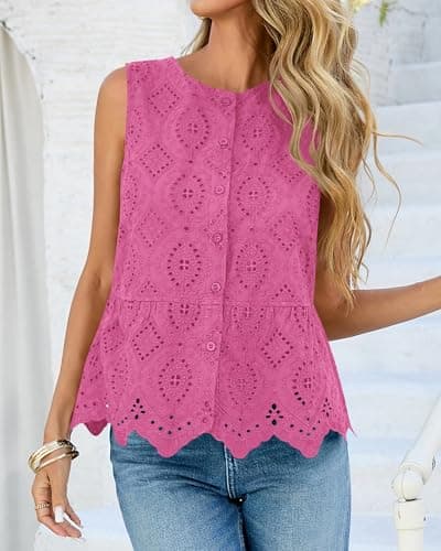 BTFBM Womens Tank Tops 2026 Summer Casual Sleeveless Button Down Shirts Embroidered Eyelet Blouse Beach Vacation Clothes(Rose Pink, Large) - Thumbnail 5