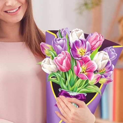 Airpark Pop Up Flower Card, 3D Paper Flowers Bouquet, Mother's Day, Birthday, Thinking of You, Thank You, Spring Greeting Cards with Note Card & Envelope, Tulip - Thumbnail 3
