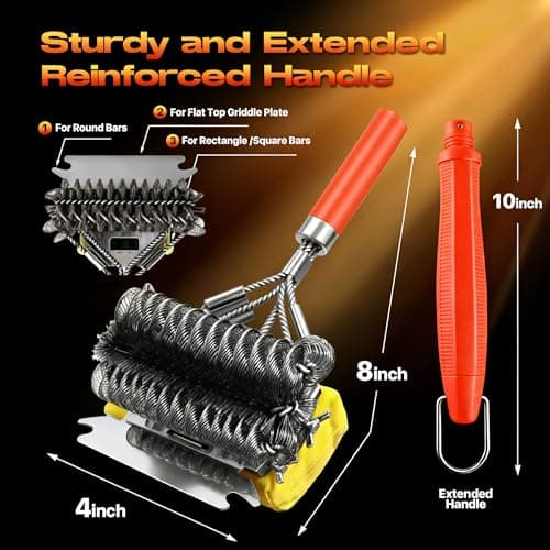 YEBLEM 3-in-1 Grill Brush and Scraper with 2 Sponges, 18" Heavy Duty Stainless Steel Bristle BBQ Cleaner, Heat Resistant Barbecue Grilling Tool, Ideal Outdoor Gift for Men & Dad (Orange) - Thumbnail 3