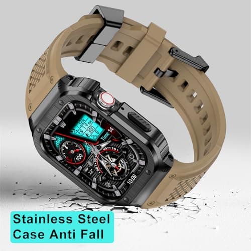 Deczone Band with Stainless Steel Case Compatible with Apple Watch Series 9 8 7 SE 3 2 1/6 5 4 S 3 2 1 41mm 40mm 38mm Band, iwatch Bands Rugged Protective Metal Cover for Men (Tan) - Thumbnail 3