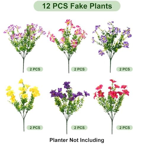 Vemander Artificial Flowers for Outdoors Fake Plants Outside Decoration, 12 Bundles Silk Petunia with Eucalyptus UV Resistant Realistic Faux Flowers for Outdoor Planters Garden Balcony (6 Color) - Thumbnail 2