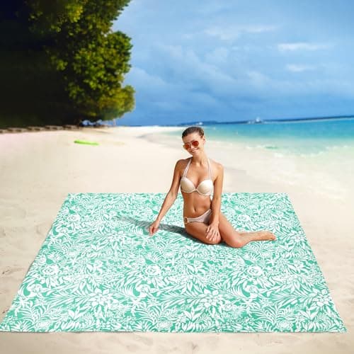 SkyNature Beach Blanket, Waterproof Sandproof Beach Mat with 4 Stakes & 4 Pockets, 78''×86'' Large Compact Lightweight Sand Free Outdoor Essentials for Beach, Picnic, Travel, Camping - Thumbnail 2