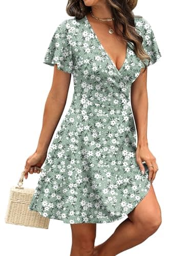 Spring Dresses for Women 2026 Casual Wrap V Neck Lightweight Vacation Summer Dress Beach Green Sundresses Floral M - Thumbnail 4