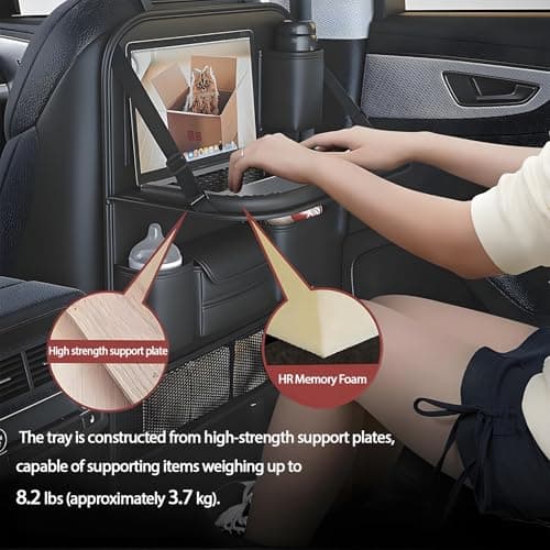 FASTAGEI 2 Pack Universal Foldable Car Backseat Organizer with Table Tray, Car Seat Back Protector with Touch Screen Phone Holder, Premium Leather Kick Mats with Storage Pockets Tissue Box (Black) - Thumbnail 2
