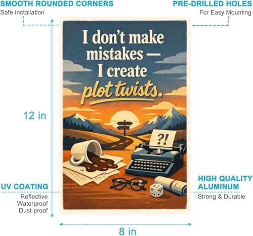 I Dont Make Mistakes I Create Plot Twists Metal Tin Sign Vintage Inspirational Quote Wall Decor Retro Writing Humor Art 8x12 Inch Hanging Plaque Office Study Room Creative Poster - Thumbnail 5