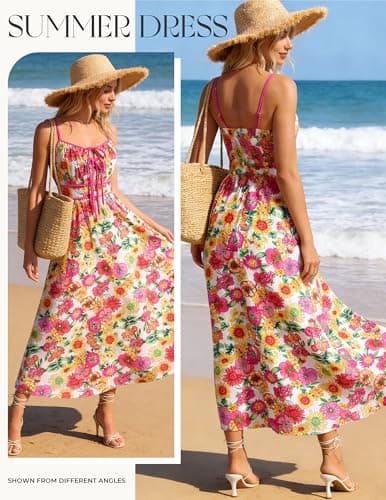GRACE KARIN 2026 Women's Summer Maxi Floral Dress, Spaghetti Strap Tie Front Boho Sundress with Pockets, Pink Yellow L - Thumbnail 2