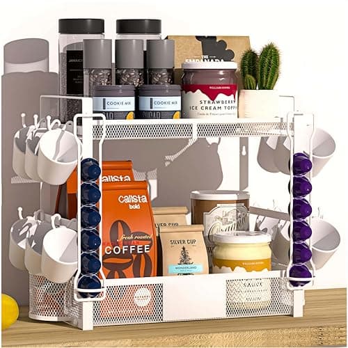 Coffee Mug Holder Bar Organizer - 2 Tier Coffee Cup Holder for Countertop, Multifunction Coffee Station Organizer with 12 Hooks, 2 Coffee Pod Holder, 2 Coffee Spoon Holder, for Kitchen, Office - Image 1