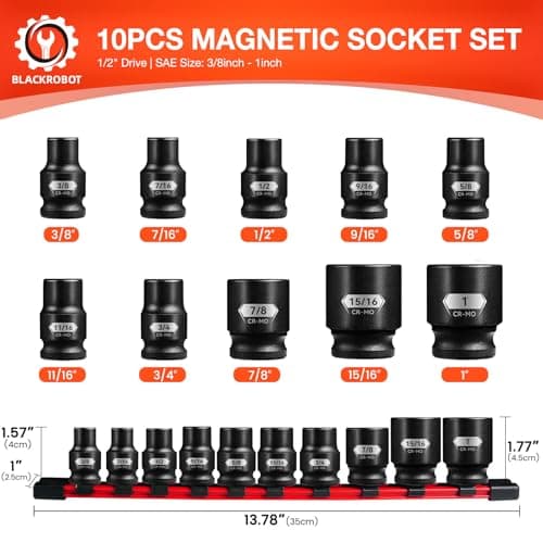 BLACKROBOT 1/2" Drive Magnetic Impact Socket Set, 10-Piece Shallow Socket Set with Storage Rail, SAE 3/8" to 1", 6-Point Magnetic Sockets, Cr-Mo Steel - Thumbnail 2