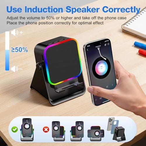 TARKARI Wireless Induction Speaker, 5 in 1 Bluetooth Speaker, Emergency Charging 360° Rotation Cell Phone Stand Compatible with iPhone Android iPad Samsung, Birthday Gifts for Men Women - Thumbnail 6