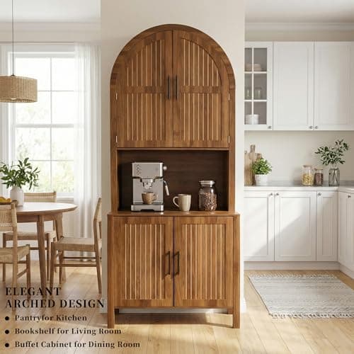 zofiauai 76" Tall Arched Kitchen Pantry,Large Storage Cupboard with Fluted Doors,Microwave Shelf,Modern Wooden Buffet Sideboard,Adjustable Shelves,Cabinet for Dining,Living Room,Walnut - Thumbnail 5