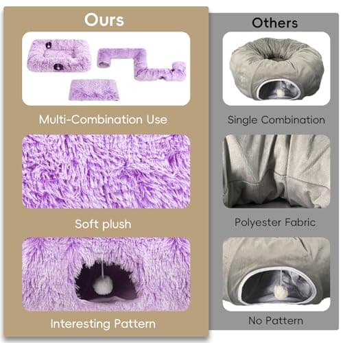 Extra Large Cat Tunnel Bed, 4 Ways Tunnels for Indoor Cats, Multi-cat Family Pet Bed & Cave, Plush Cat Donut with Washable Middle Mat, Exit Balls, Pet Play Toy for Kitten Puppy Rabbit, Purple - Thumbnail 6