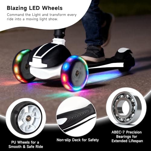 Nattork Kids Scooter for Age 3-5, Toddler Scooter with 4 Adjustable Height for Boys & Girls, Light Up 3-Wheels Foldable Kick Scoote, Lean to Steer, 120LB Weight Capacity Age 5-8 Black&White - Thumbnail 4