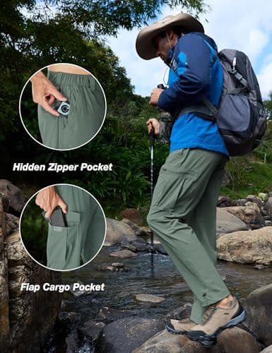 MOURCE Waterproof Hiking Pants Men 8 Pockets - Lightweight Quick Dry Travel Pants for Men Golf Trekking, Sage Green - Thumbnail 4