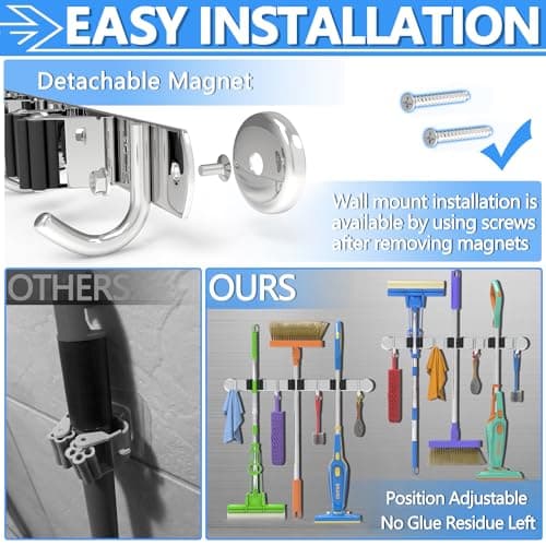 3-H Magnetic Broom Holder Wall Mount 2 Pack, 2-in-1 Dual Mount (No Drill or Screw Fix), 304 Stainless Steel Heavy Duty Magnet Mop Broom Organizer for Kitchen Garden Garage(4 Racks & 5 Hooks,Silver) - Thumbnail 4