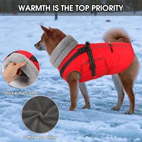 PETDSH Dog Coat Large, Built-in Harness Dog Jacket with Warm Fleece Lining, Waterproof Reflective Dogs Winter Coat, Pet Coats with Pocket and Trash Bags (Red, XX-Large) - Thumbnail 2