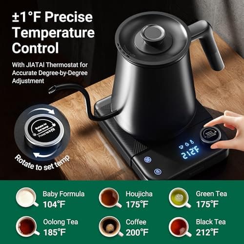 Gooseneck Electric Kettle HIYAKOI with ±1℉ Temperature Control, Pour Over Kettle for Coffee & Tea, 1200W Rapid Heating, Stainless Steel Water Boiler with 12H Keep Warm & Built-in Timer, 0.8L/27oz - Thumbnail 2