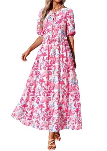 KIRUNDO Spring Dresses for Women 2026 Summer Wedding Guest Boho Floral 3/4 Sleeve Beach Vacation Cruise Flowy Maxi Dress(Red, Large) - Thumbnail 3