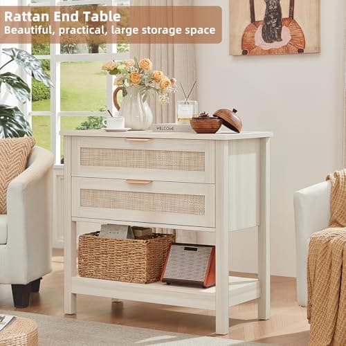 LEYAOYAO 31.5" Wide Rattan Night Stand, Oversized Large Boho Nightstand with 2 Drawer, Grey White Bed Side End Tables with Storage Shelf, Tall Bedside Table for Bedroom Living Room, Hallway - Thumbnail 5