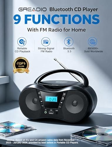 Greadio Boombox Portable CD Players for Home with Bluetooth, Boom Box CD Player FM Radio Combo, Stereo Sound, AC/Battery Powered, CD/CD-R/RW Compatible, Support AUX/USB/Headphone, Timer, Repeatable - Thumbnail 2