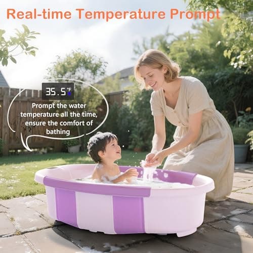 Collapsible Baby Bathtub - Large Baby Bath Tub with Thermometer & Cushion | Travel Portable Newborn Infant Bathtub | Foldable Toddler Bathtub for Baby 0 to 36 Months (Purple) - Thumbnail 4