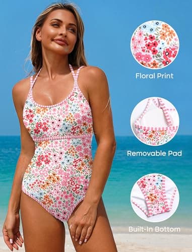 ZAFUL Bathing Suit for Womens One Piece Swimsuits Tummy Control High Cut Bathing Suit Full Coverage Push Up Romper Swimsuit Cheeky Sexy Floral Print Double Adjustable Straps Swimwear Pink Floral,XL - Thumbnail 4