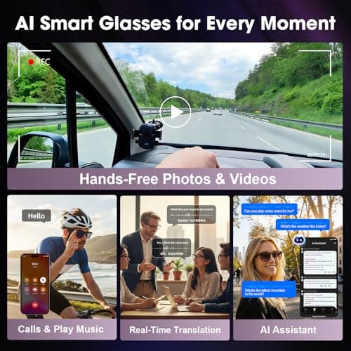 AI Smart Glasses with Camera, 8MP HD Camera Glasses for Men Women, 30FPS EIS Video Recording, Voice Assistant, Real-Time Translation, Open-Ear Bluetooth Audio Sunglasses with Interchangeable Lenses - Thumbnail 2