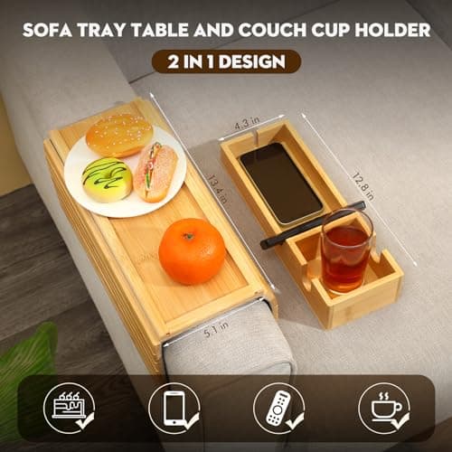 Bamboo Couch Arm Tray with Detachable Cup Holder, 2 in 1 Foldable Anti-Falling Design for Cups, Snacks, Remote, Cellphone - Thumbnail 3