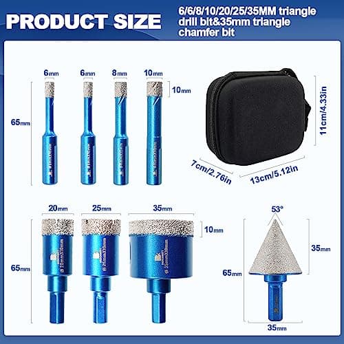 Tile Hole Saw Kit - BRSCHNITT Diamond Core Drill Bit Set 6/6/8/10/20/25/35mmDrill Bit &1 3/8" Diamond Chamfer Bit for Porcelain Tile Ceramic Marble Granite - Thumbnail 2