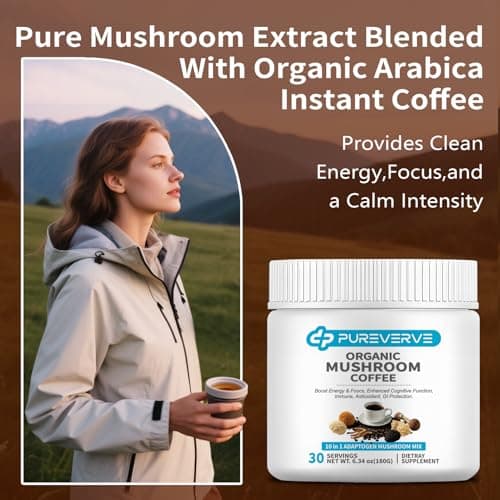 Pureverve Mushroom Coffee, Organic10 Mushroom Extract Powder Blend Lion's Mane, Reishi, Chaga, Cordyceps, Turkey Tail 30 Servings - Thumbnail 5