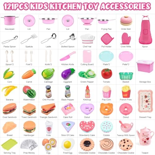 121Pcs Play Kitchen Accessories, Kids Kitchen Playset, Pretend Play Food Tea Party Set, Toy Kitchen Kids Cooking Real with Apron＆Chef Hat, Utensils Cookware Pots＆Pans, Toy Organizer, Toddler Toys Gift - Thumbnail 6