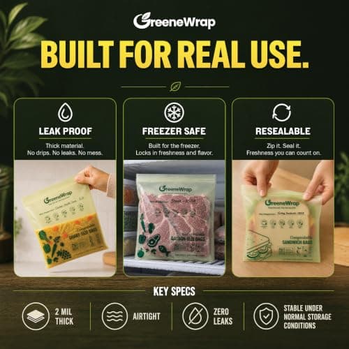 GreeneWrap Compostable Snack Bags, 50 Count, Extra Thick 2 Mil, Resealable Leak-Proof Zipper, BPI Certified, ASTM D6400, Snack Size Food Storage Bags - Thumbnail 6