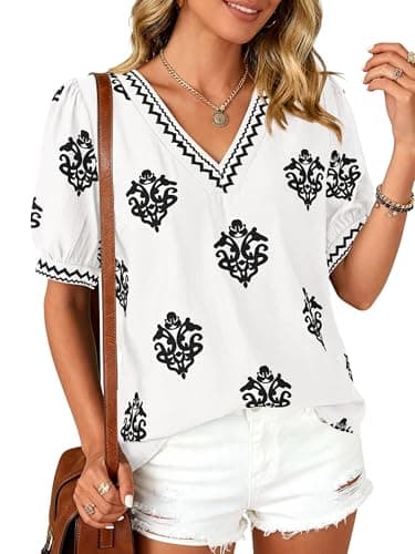 BTFBM Casual Summer T Shirts Going Out Tops for Women Beach Vacation Clothes Short Sleeve Blouses V Neck Boho Tunicss(White Black Flower,Small) - Image 1