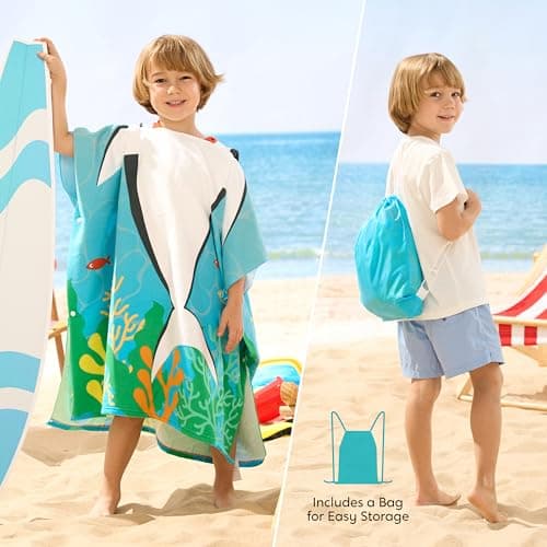 Joiedomi Kids Beach Towels with Hood for 3-10 Years Boys Girls Shark Hooded Toddler Bath Towel Poncho Absorbent Quick Dry Soft Microfiber Swim Robe with Backpack Lightweight 30"x30" for Beach Pool - Thumbnail 2