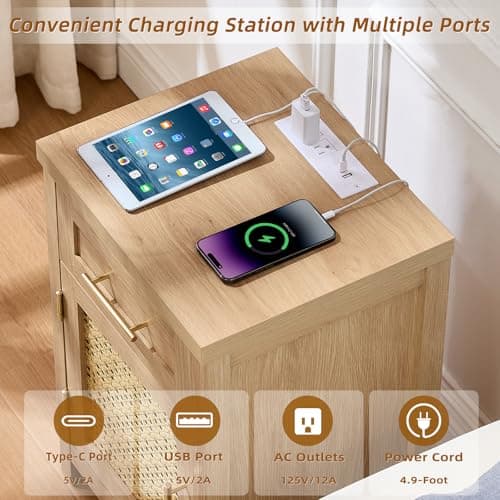 YUFAM Small Rattan Nightstand - Boho Night Stand with Type-C Charging Station for Bedroom, Modern Nightstands w/Drawer for Small Space, Wood Bedside Table w/Adjustable Storage Shelf, Natural Oak - Thumbnail 3