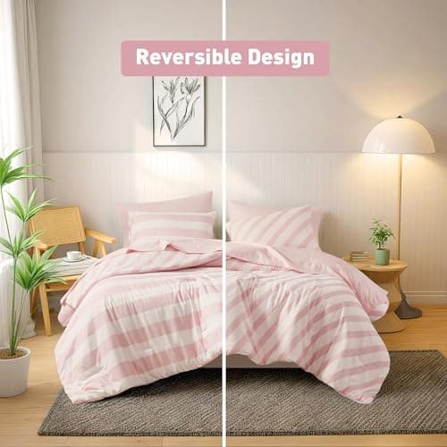 Reversible Striped King Comforter Set-Bed in A Bag 7-Pieces Bedding Set with Double-sided Stripes Design-Warm & Cozy Bed Set Includes King Size Comforter, Sheets set, Pillowcases and Shams, Blush - Thumbnail 5