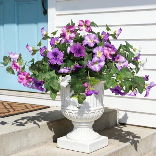 Flortevera Artificial Fake Flowers Plants for Outdoor UV Resistant, 2PCS Silk Faux Petunias No Fade Summer for Outside Planter Front Door Porch Yard Patio Balcony Realistic Decoration Purple White - Image 1