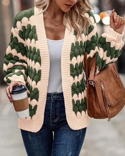 KIRUNDO Women Cardigan Oversized Puff Sleeve Open Front Striped Color Block Cable Knitted Cardigans Fashion Chunky Winter Sweater Coats Fall Clothes 2026(Army Green, Medium) - Thumbnail 5