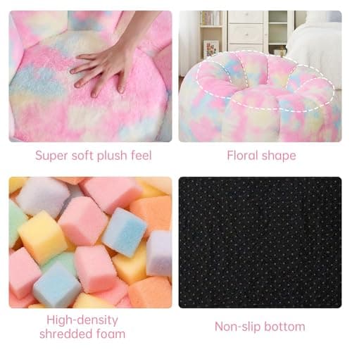 Cvortll Bean Bag Chair, Floral Shaped Beanbag, Faux Fur Adult Teen Kids Comfy Chair with Petal Armrest Chair, Bean Bag Couch for Bedroom, Living Room, Dorm, Game (Colorful) - Thumbnail 5