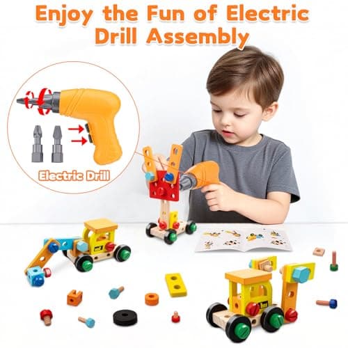 59Pcs Kids Tool Set Toy for Boys - Montessori STEM Wooden Play Tool Box Kit with Electric Drill with 2 Types Bits - Educational Christmas Birthday Gifts for Boys Toddlers Kids Age 3 4 5 6 Years Old - Thumbnail 2