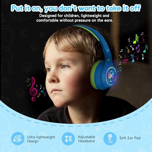LOBKIN Active Noise Cancelling Headphones for Kids with Case - RGB LED Light Up Foldable Adjustable Over Ear Headphone Support Wireless or 3.5mm Wired Mode for Toddler & Girls & Boys Teens - Thumbnail 6