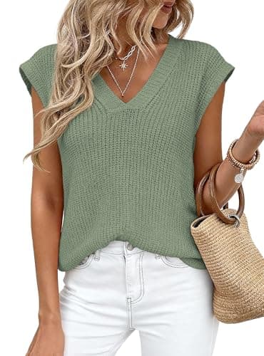 PRETTYGARDEN Women's 2026 Lightweight Sweaters Vest Spring Trendy Cap Sleeve V Neck Knit Tank Tops Summer Going Out Outfits (Green,Large) - Image 1