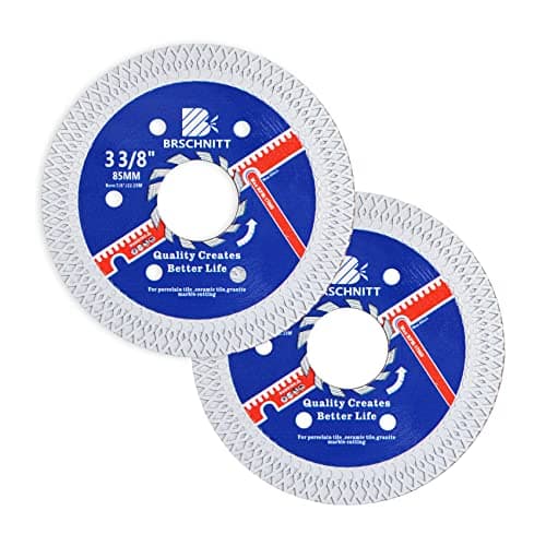 Super Thin Diamond Porcelain Saw Blade with X Teeth,BRSCHNITT 2pcs 3-3/8 Inch (85mm) x Arbor 7/8"-4/5"-5/8" Angle Grinder Diamond Cutting Disc for Dry/Wet Cutting Porcelain Tile Ceramic Marble Granite