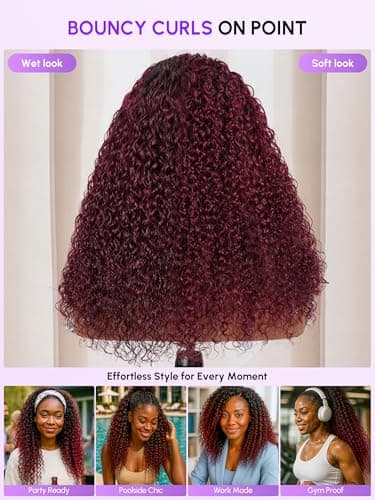 shangyinfa T1B/99J Water Wave Half Wig Human Hair | Drawstring Flip Over 3-In-1 Wig | Secure Fit with 4C Edges | Beginner Friendly | Slay 3B/3C Curls At The Gym | No Slip, No Glue | 22 Inch - Thumbnail 5