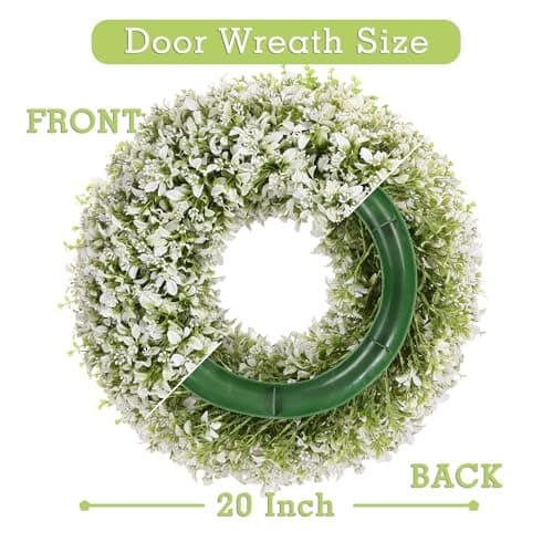 U'Artlines 20 Inch Boxwood Wreaths for Front Door, Spring Summer Wreath with White Flowers, Large Faux Greenery Wreath for Wall Window Porch All Seasons Outdoor Decor - Thumbnail 3