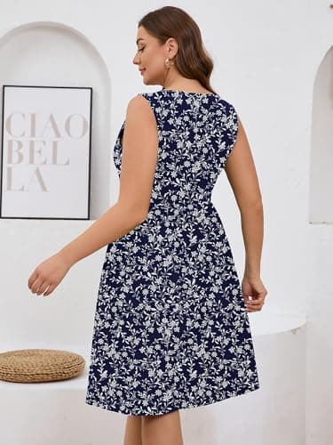 AusLook Plus Size Women Summer Dress Sleeveless V Neck Casual Cute Loose Sundress Vine Flower 2X Comfy Swing Button Down Midi Work Flowy Tunic Ladies Beach Vacation Teacher Dresses with Pockets - Thumbnail 2