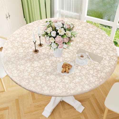 Smiry Round Picnic Tablecloth, Elastic Waterproof Fitted Heavy Duty Vinyl Tablecloths for 45"-56" Tables, Wipeable Washable Table Cover for Kitchen, Dining, Camping, Outdoor, Beige - Image 1