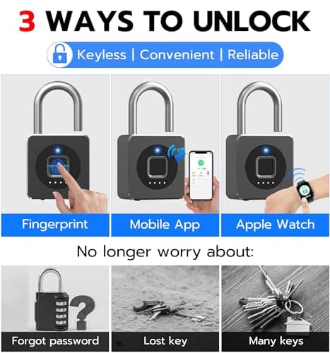 eLinkSmart Fingerprint Gym Locker Lock, Keyless Biometric Padlock, Weatherproof Electronic Digital Smart Combination Pad Lock for Outdoor Fence Gate Storage Helmet Ski Pool Shed (Black, with Cable) - Thumbnail 2