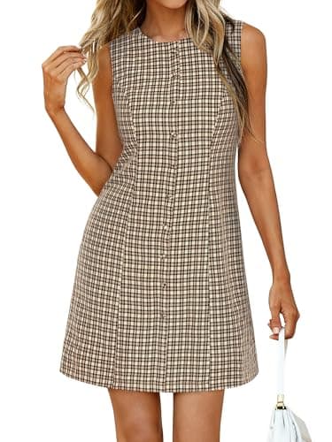 BTFBM Summer Dresses for Women 2026 Plaid Sleeveless Zip Up A Line Mini Dress Business Casual Vacation Gingham Sundress(Apricot, XX-Large) - Image 1
