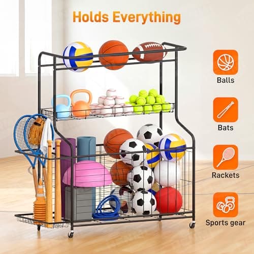 Sports Equipment Organizer -Heavy Duty Rolling Garage Storage Rack & Ball Holder, Large Capacity Cart for Outdoor Toy Storage & Garage Storage - Thumbnail 5
