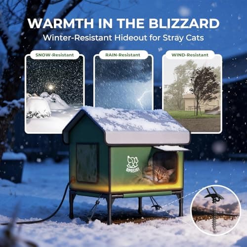 Apasiri Outdoor Cat House Weatherproof – Insulated Feral Cat Shelter with Heating Pad, Water Resistant 900D Oxford, Anti-Peep Curtains & Escape Door, Elevated Design for All Seasons, Small - Thumbnail 2